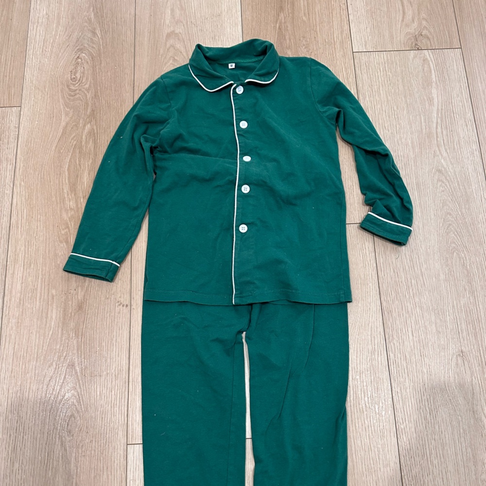 Girls Size 8-10 Cotton Green Pajama Set with White Trim